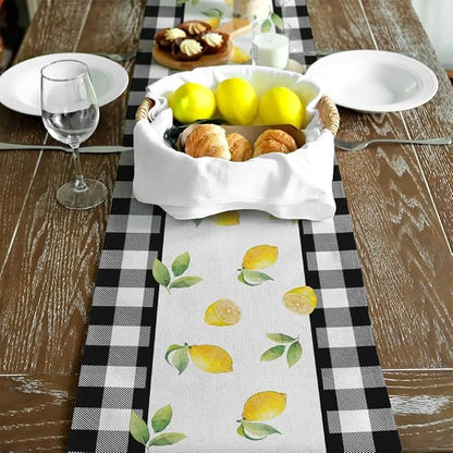 Black Buffalo Check Summer Table Runner 72 Inch, Lemon Vase Spring Farmhouse - Image 5