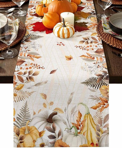 White Golden-Yellow Pumpkin Fall Table Runner 120 Inches Long, Thanksgiving by Unknown