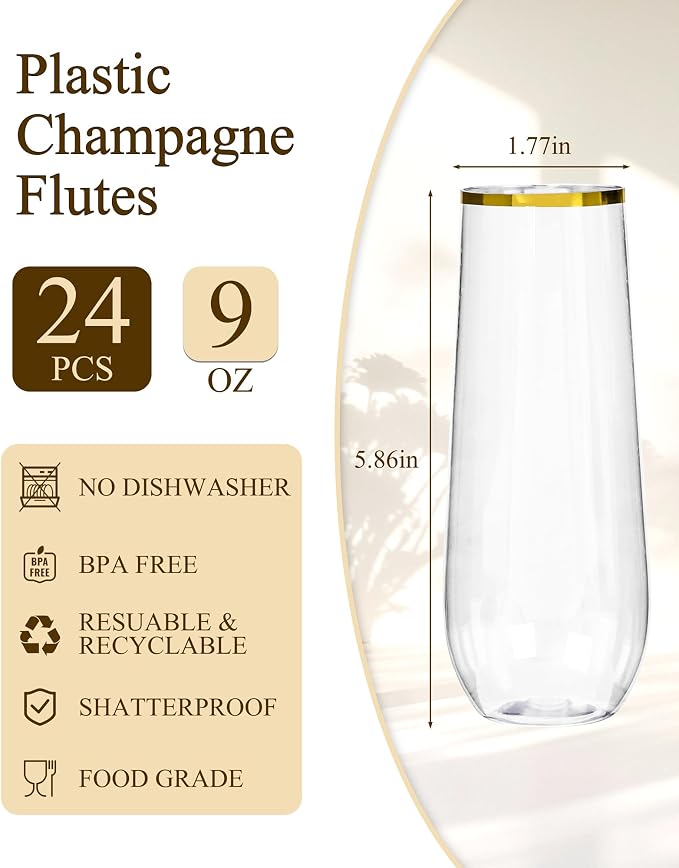 Ciaell 24 Pack Gold Plastic Champagne Flutes - Image 2