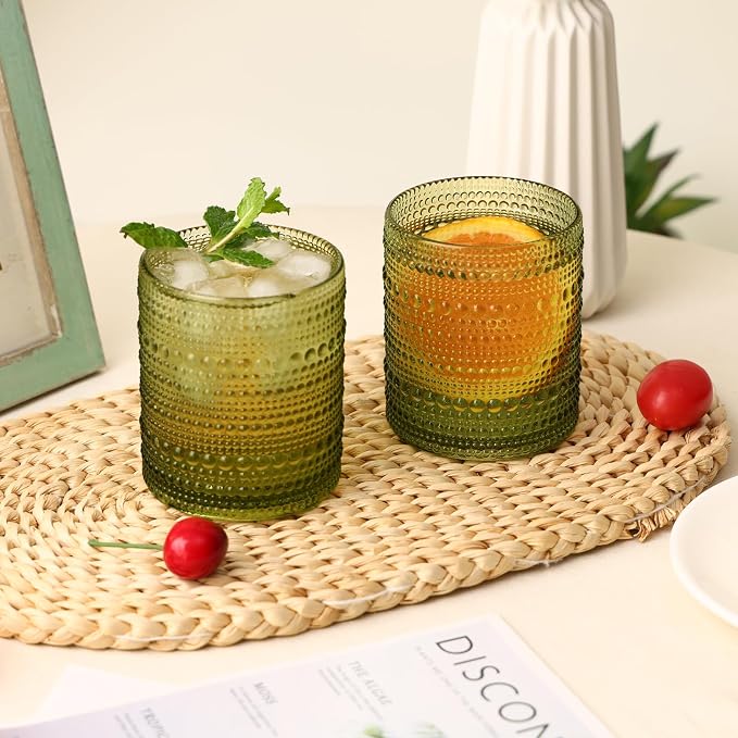 Moretoes 12 Pack 10 Oz Green Vintage Hobnail Drinking Glasses Set | Cocktail - Image 2