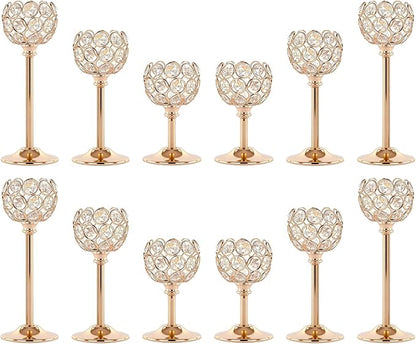Crystal Candle Holders 4 Set of 12 - Gold Vintage Hollow Ball Candle Stand for Table Centerpiece, Crystal Metal Tealight Candlestick for Wedding, Dining Room Decor