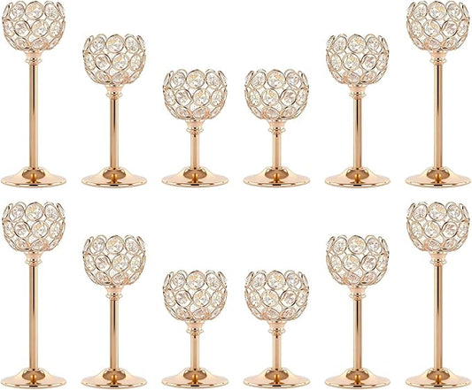 Crystal Candle Holders 4 Set of 12 - Gold Vintage Hollow Ball Candle Stand for Table Centerpiece, Crystal Metal Tealight Candlestick for Wedding, Dining Room Decor