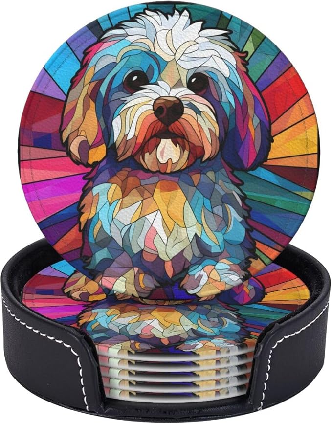Havanese Stained Dog Breed Glass Art Leather Drinks Coasters by Novgift