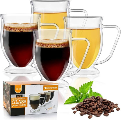 Kitchen Kite Double Wall Glass Coffee Mugs 11oz Set of 4, Insulated - Image 5