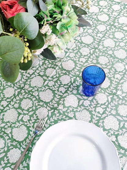 ATOSII Shalimar Green 100% Cotton Square Fall Tablecloth, Handblock Floral Table Cloth Linen for Kitchen Dining I Parties Wedding Outdoors Christmas Thanksgiving I Fall Home Decor 60 X 60 Inches