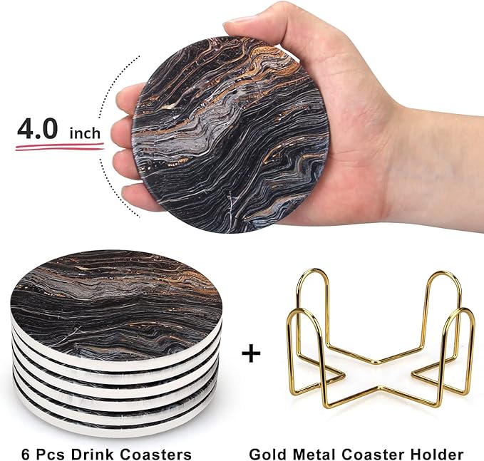 6 Pcs Black Ceramic Stone Modern Coasters - Image 3