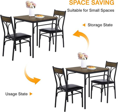VECELO 3 Piece Dining Table Set for 2, Kitchen Table Set with 2 Chairs for Small Space, Space-Saving and Modern Design, Apartment, Easy to Assemble,Classic Brown