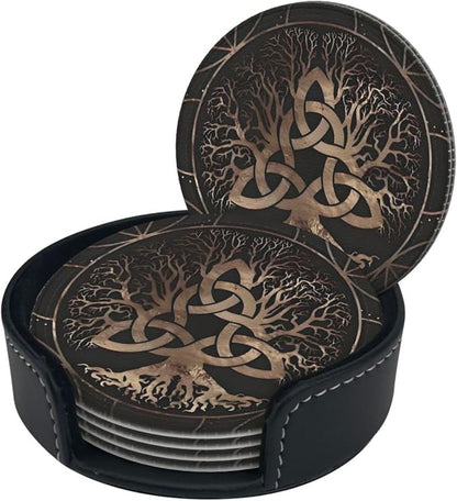 Drink Coasters with Holder Stand Set of 6, Tree of Life Copper Pu Leather - Image 8