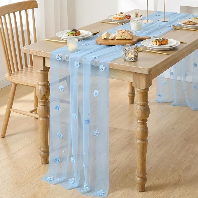 Artoid Mode Blue Flower Pearl Blue Gauze Table Runner 10FT, Seasonal Sheer - Image 3