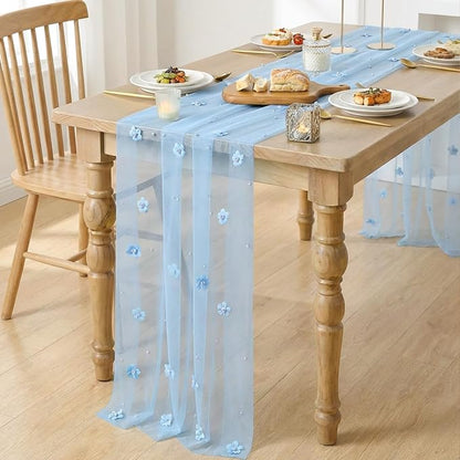 Artoid Mode Blue Flower Pearl Blue Gauze Table Runner 10FT, Seasonal Sheer - Image 3