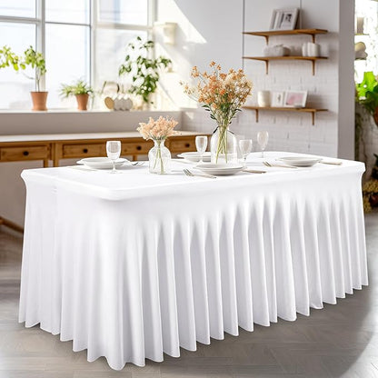 Wish Care 6 Pack White Spandex Table Clothes for 8 Foot Rectangle Tables, 8FT Wrinkle Free Fitted Tablecloths Ruffles Design Table Cover for Party, Banquet, Wedding and Events