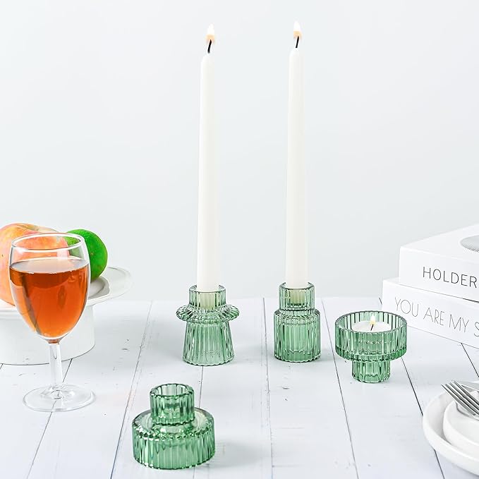 Taper Votive Candle Holder for Pillar Candles Tealight, Candlestick Holder for Wedding Christmas Tea Party, Boho Ribbed Vintage Crystal Glass Table Centerpiece Decor, Bulk Set of 6 (Green)