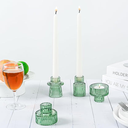 Taper Votive Candle Holder for Pillar Candles Tealight, Candlestick Holder for Wedding Christmas Tea Party, Boho Ribbed Vintage Crystal Glass Table Centerpiece Decor, Bulk Set of 6 (Green)
