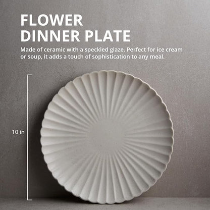 Goodies White Classic Flower Dinner Plates (Set of 4), Handmade Ceramic, Glazed, Dishwasher Safe, Microwave Safe, Petal Shaped Rim Design, Durable, Stackable, Elegant Dinnerware, 10 Inch
