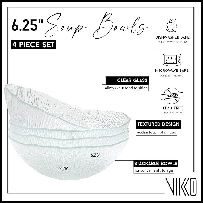 Vikko Soup Bowls, 6.25 Inch Salad Bowls, Glass Soup Bowls, Elegant Textured - Image 2