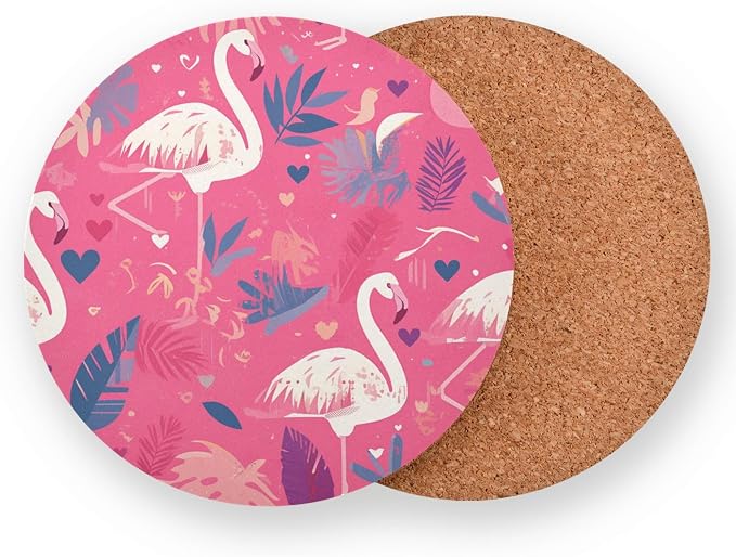 Pink and White Color Flamingo Illustration Round Drink Coaster Set of 4 Heat - Image 2