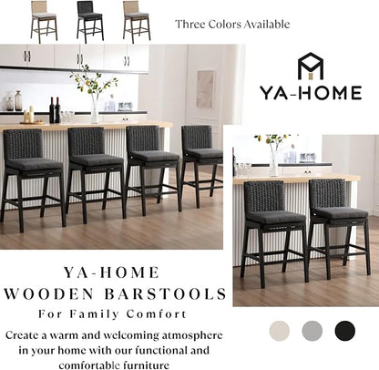 Carbon Black Bar Stools Set of 4, 27.3 Inch Counter Height Stools Upholstered Linen Armless Bar Chairs with Woven Rope Backrest Wooden Legs for Kitchen Island Dining Room