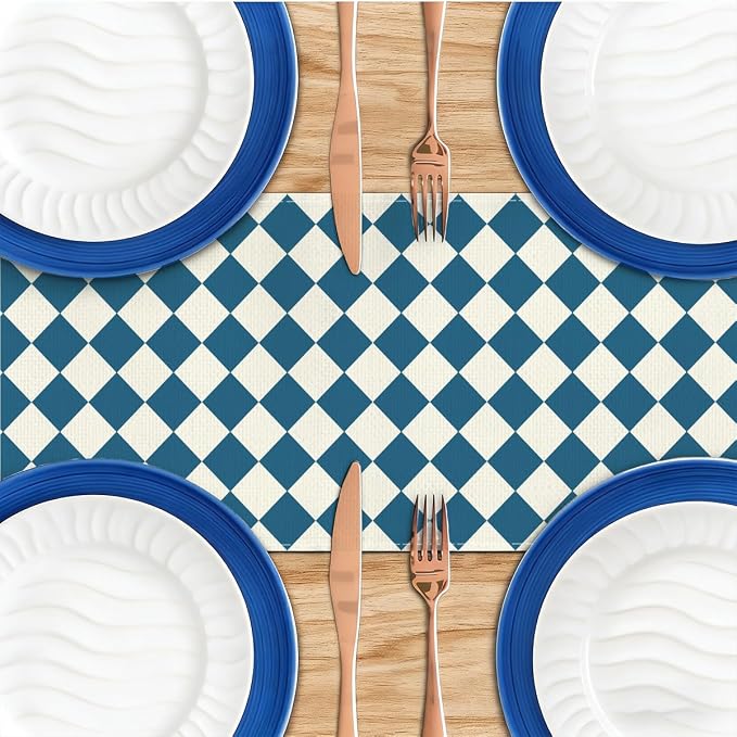 Blue White Diamond Table Runner, Tea Themed Party Decoration | Long Checkered - Image 4