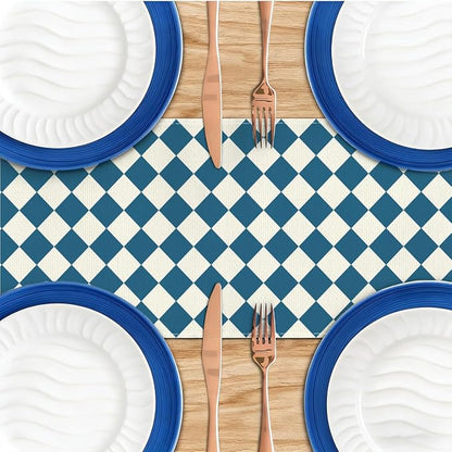 Blue White Diamond Table Runner, Tea Themed Party Decoration | Long Checkered - Image 4