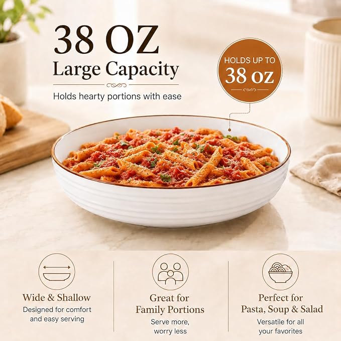 8 Inch Minimalist style Ceramic Pasta Bowls set of 4, 38 Oz White Serving Bowls - Image 2