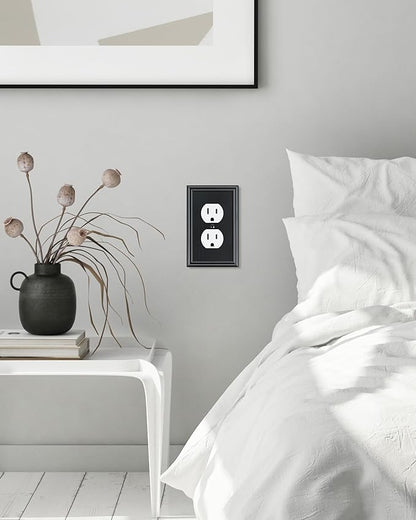 2-Pack Single Duplex Outlet Cover Plate, Decorative Black Switch Plates and Outlet Covers, Metal Wall Plates for Electrical Outlets, 1 Gang Receptacle Cover, Corrosion Resistant