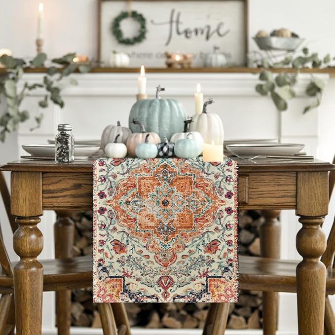 Artoid Mode Boho Bohemia Style Orange Table Runner, Country Rustic Farmhouse - Image 2