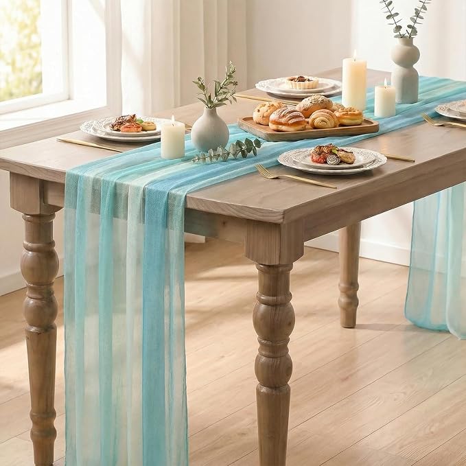 Artoid Mode Boho Blue Stripes Spring Chiffon Table Runner 120 Inches 10FT - Image 5