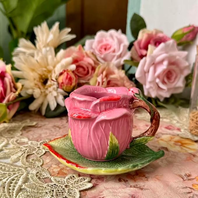 Ceramic Rose Tea Pot Set, 3D Hand-painted Rose Red Flower Cup and Green Leaves - Image 8