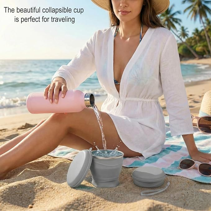 Collapsible Travel Cup with Lid - 6oz Mini Silicone Folding Cup with Stainless - Image 9
