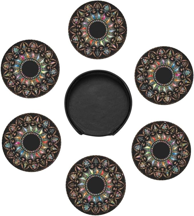 Drink Coasters with Holder Stand Set of 6, Mandala Flourish Floral Pu Leather - Image 5