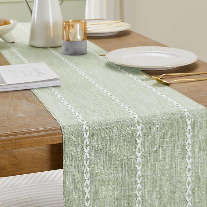 Wracra Rustic Linen Table Runner, Sage Green Table Runners 60 inches Long | - Image 7