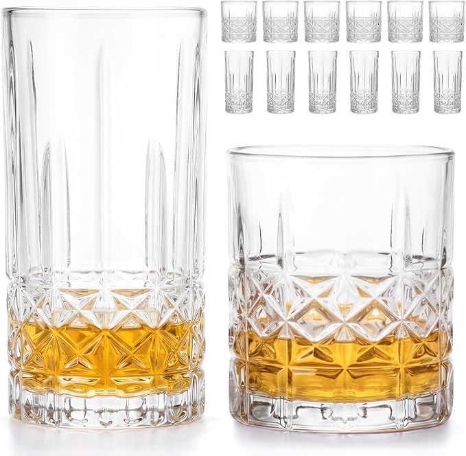 Moretoes Drinking Glasses, 12 Piece Crystal Glass Cups | Mixed Glassware Set by Moretoes