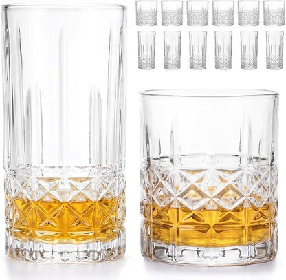 Moretoes Drinking Glasses, 12 Piece Crystal Glass Cups | Mixed Glassware Set by Moretoes