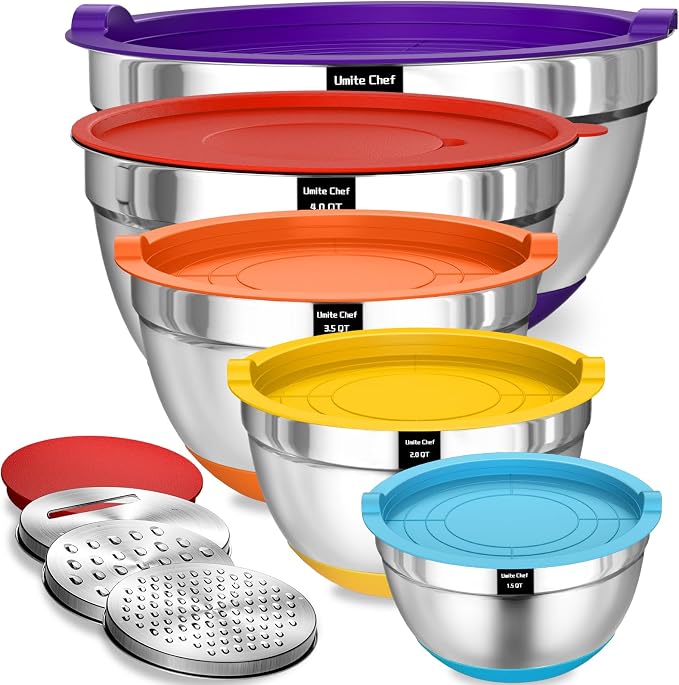 Umite Chef Mixing Bowls with Airtight Lids Set, 3 Grater Attachments & Non-Slip by UmiteChef
