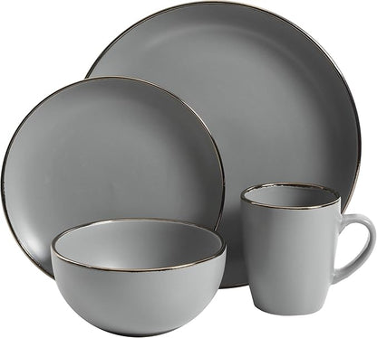 Gibson Home Rockaway 16-Piece Round Stoneware Dinnerware Set, Service for 4 – Grey with Gold Rim Plates and Bowls, Microwave & Dishwasher Safe