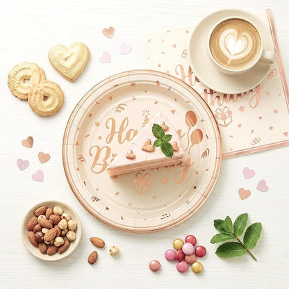 NatNarr 50 Pcs Happy Birthday Plates and Napkins Set, 7 Inch Pin Rose Gold - Image 2
