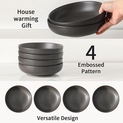 Stoneware Pasta Bowls, 34 oz Large Salad Bowl Set of 4, Ceramic Serving Bowls for Ramen, Pasta, Fruit, Cereal, Dinner, Wide and Shallow Bowls, Microwave & Dishwasher Safe, Matte Black