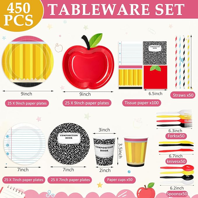 450 Pcs Preschool Kindergarten Back to School Tableware, Serves 50 | Apple - Image 2