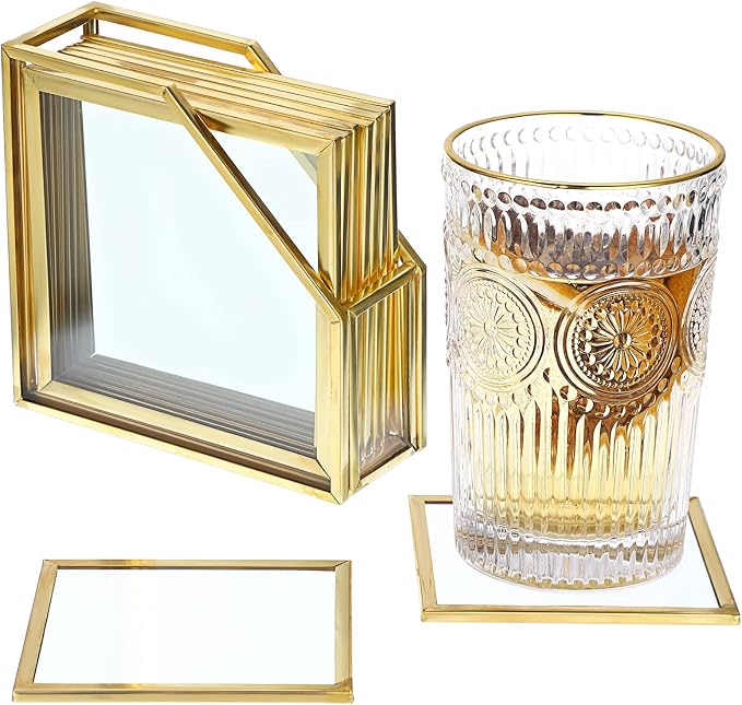 JUXYES Set of 7 Gold Brass Clear Glass Round Coaster by JUXYES