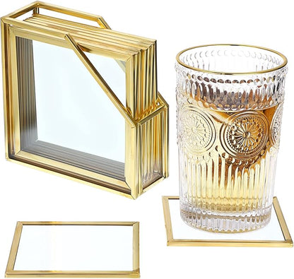 JUXYES Set of 7 Gold Brass Clear Glass Round Coaster by JUXYES