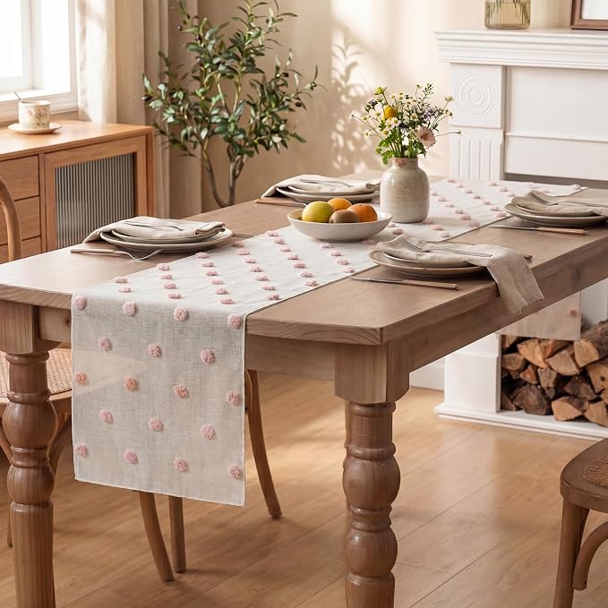 Artoid Mode Pink Pom Pom Tulle Table Runner, Seasonal Washable Kitchen Dining - Image 5