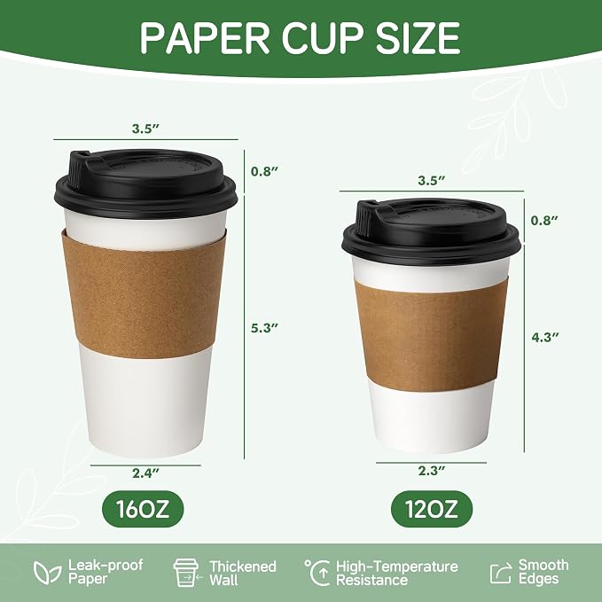 12 oz Coffee Cups with Lids and Sleeves 100 Pack, Party Supplies, To-Go Paper - Image 2