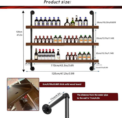Large Wine Rack with LED Light Solid Wood Wall Mounted Wine Rack, 3-Tiers Liquor Bottles Floating Shelves Display Storage Organizer for Home Bar & Dining Room (120cm/47.2in)