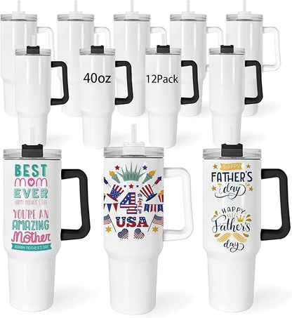 40 oz Sublimation Tumblers with White and Black Handle Lid and Straw 12 Pack Stainless Steel Double Wall Vacuum Insulated Travel Mug Cup Bulk Sublimation Blank for DIY Gift