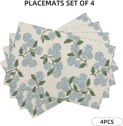Blue Green Spring Placemats Set of 4 Hydrangea Flower Decor Place Mats 12x18 Inch Vintage Floral Summer Seasonal Decorative Linen Table Mats for Home Kitchen Dining Party Table Decoration