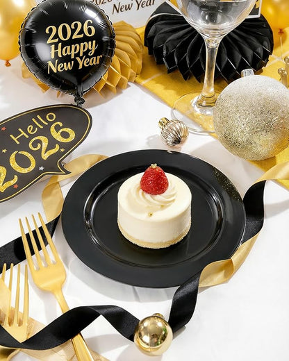 bUCLA 100 Pieces Black Plastic Plates - 6.25 inch Disposable Dessert/Salad/Appetizer/Small Cake Plates for Party, Graduation & New Year