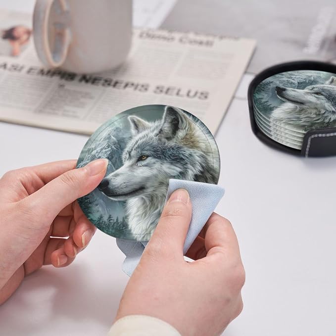 6 Pack Wolf Moutain Leather Coasters - Image 3