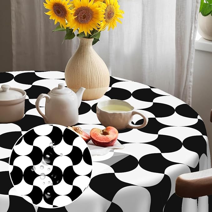 Laeacco 42 Inch Geometric Round Tablecloth Black and White Abstract Pattern Modern Art Print Table Cloth Washable Waterproof Wrinkle Free Table Cover for Kitchen Dining Picnic Party Decoration