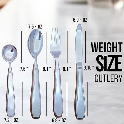 weighted utensils for hand tremors | weighted utensils for tremors and parkinsons patients | Set 4 Piece with Universal Cuff easy grip & cover | Elegant weighted silverware with Gift Box