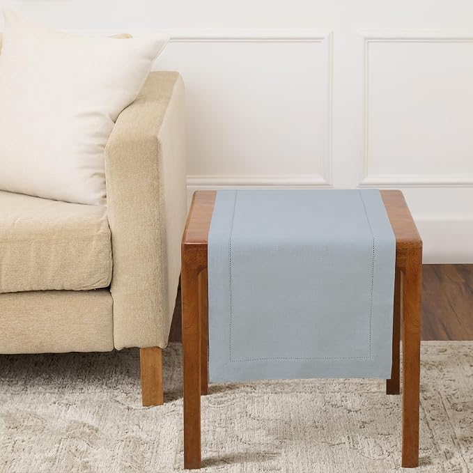 Solino Home 100% Pure Linen Table Runner Blue, Classic Hemstitch 14 x 36 in | by SolinoHome